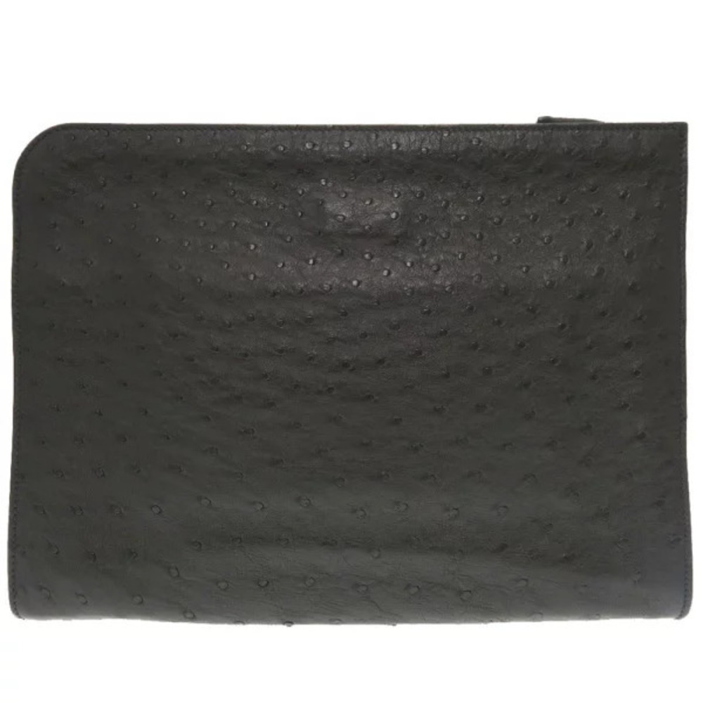 Prada Ostrich Clutch Holder Leather Document Bag Black